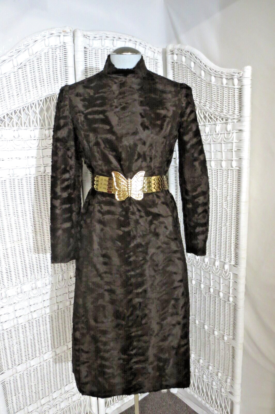 VTG 60s ADELE SIMPSON Brown Faux Fur Modern Fashion Dress Medium