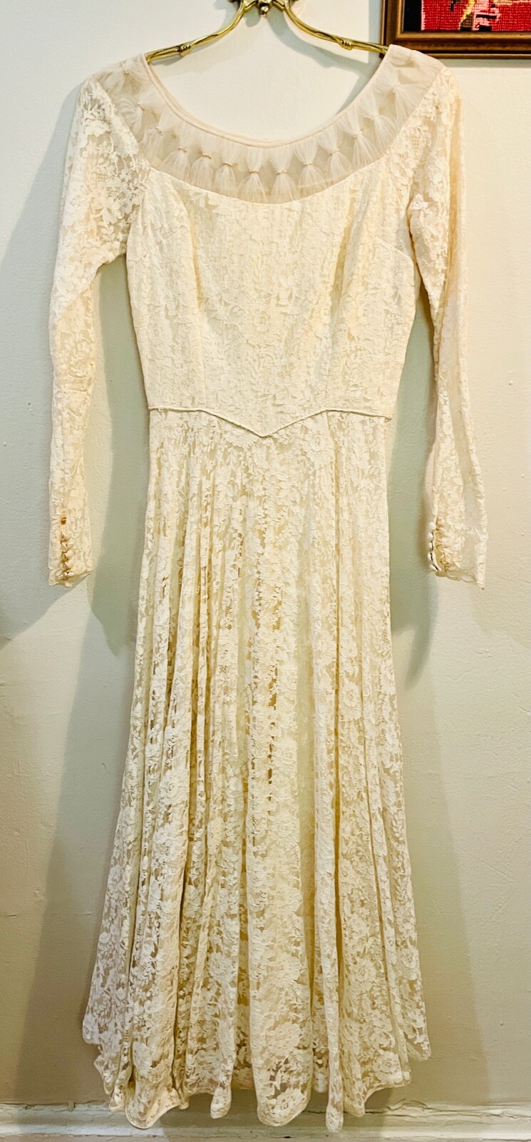 VTG 50’S OFF WHITE LACE&TULLE PEARLS NEW LOOK CIRCLE SKIRT WEDDING DRESS *XXS/XS