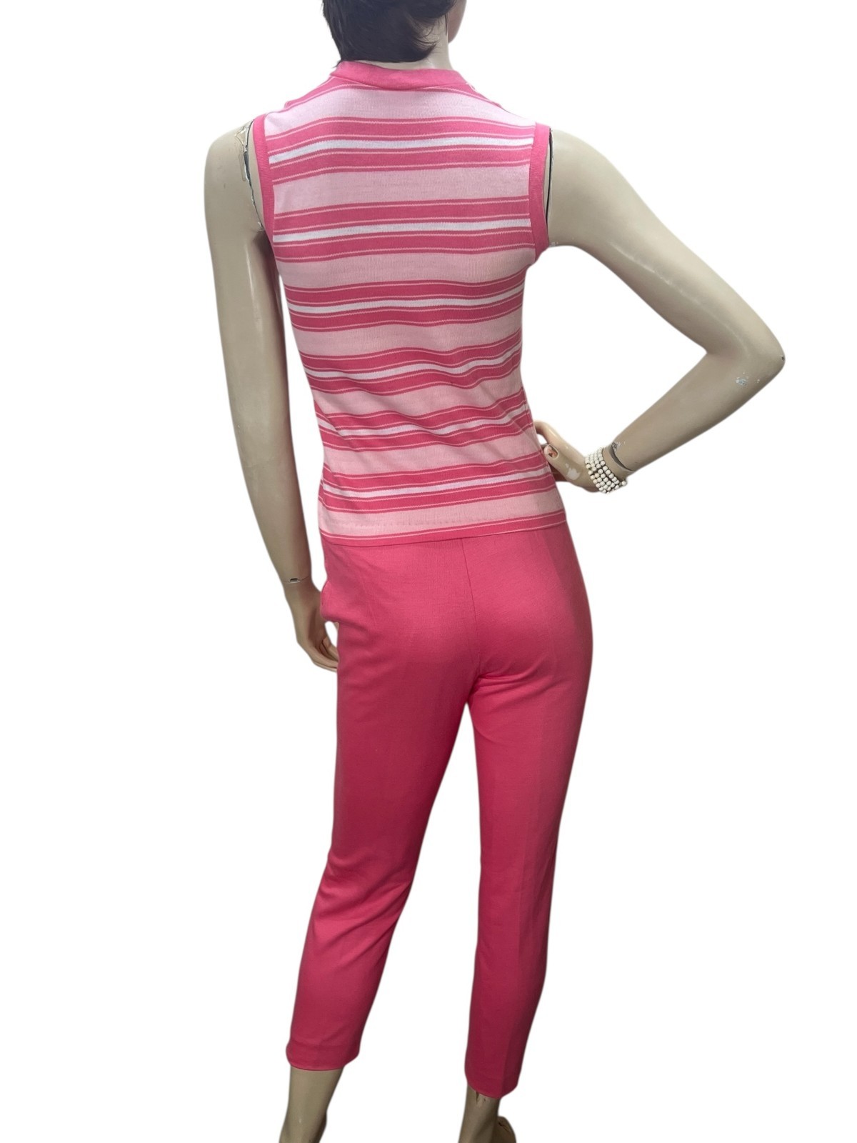 Vtg 60s 2 Pc SET Cigarette LINED Pants Blouse PINK KNIT Top XS WOMENS/L CHILDS