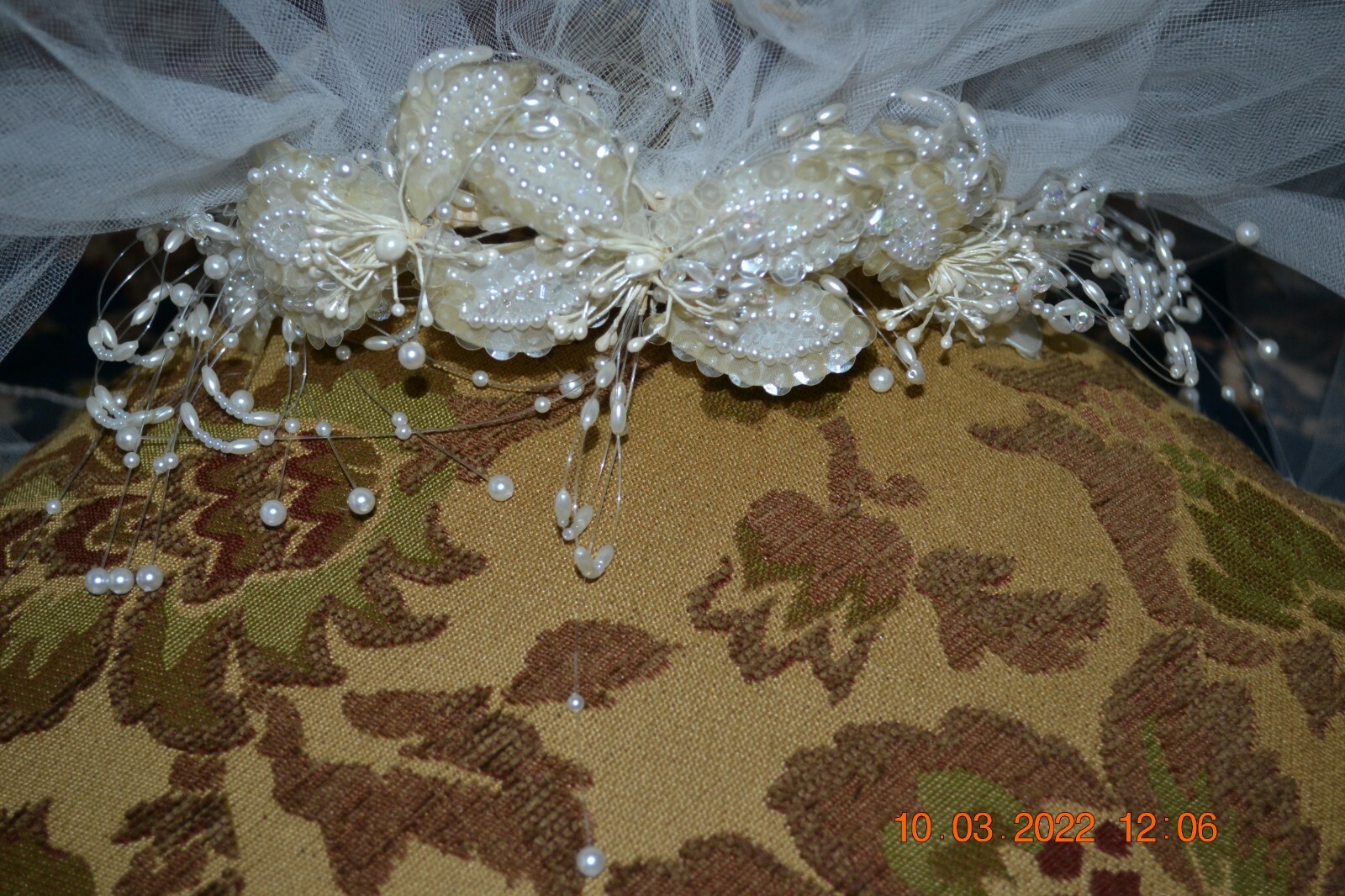 Vintage wedding veil w Pearls & Sequins Headband Double Veil Shoulder Length