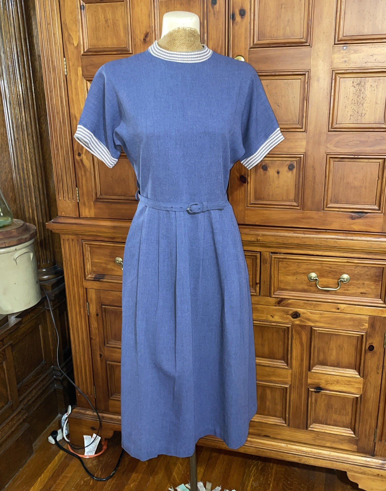 Vtg 30s 40s 50s Chambray Denim Gabardine House Dress M Striped Knit Collar Belt