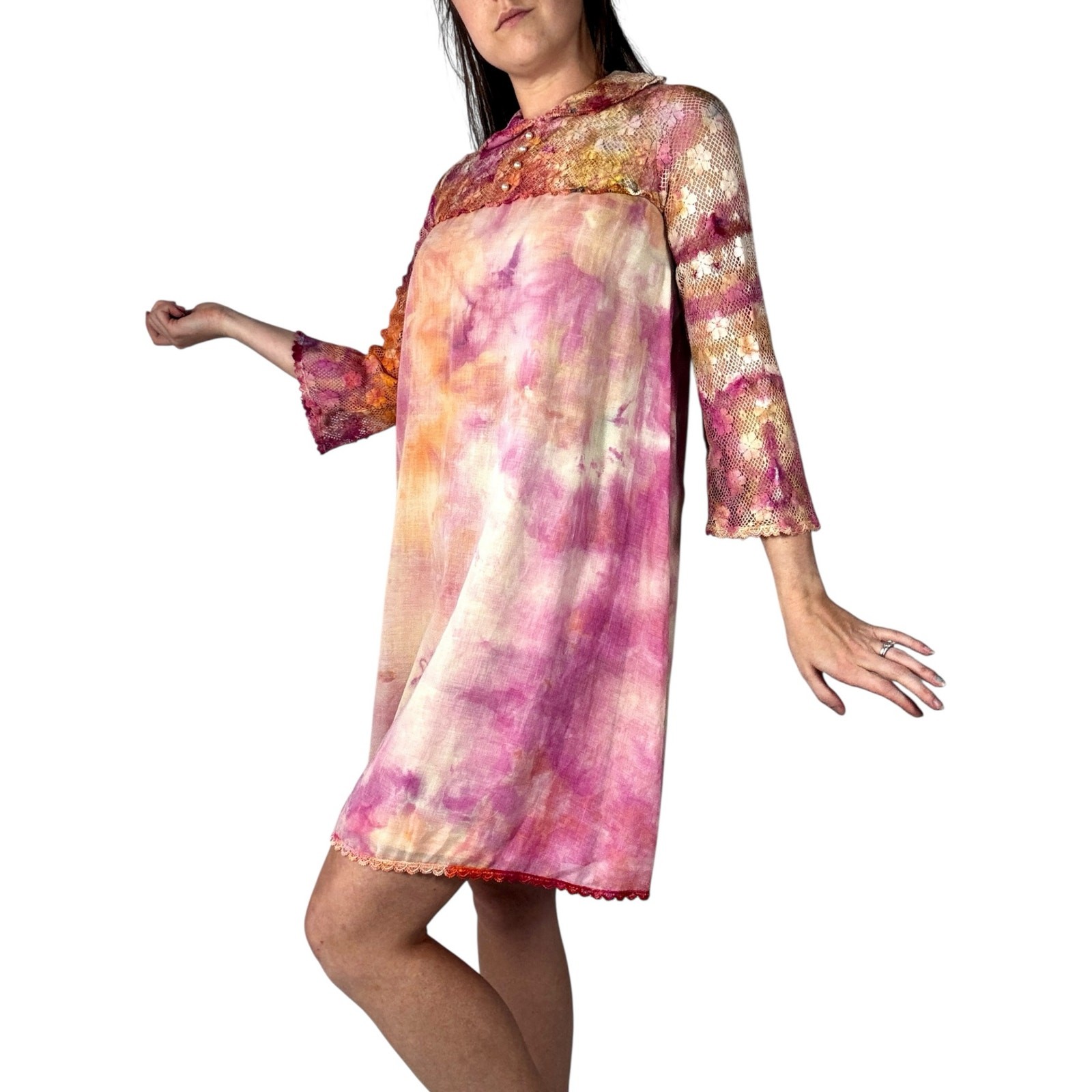 Vintage 1960s Hand Dyed Pink Orange Ice Dye Shift Dress Bell Sleeves Lace Yoke