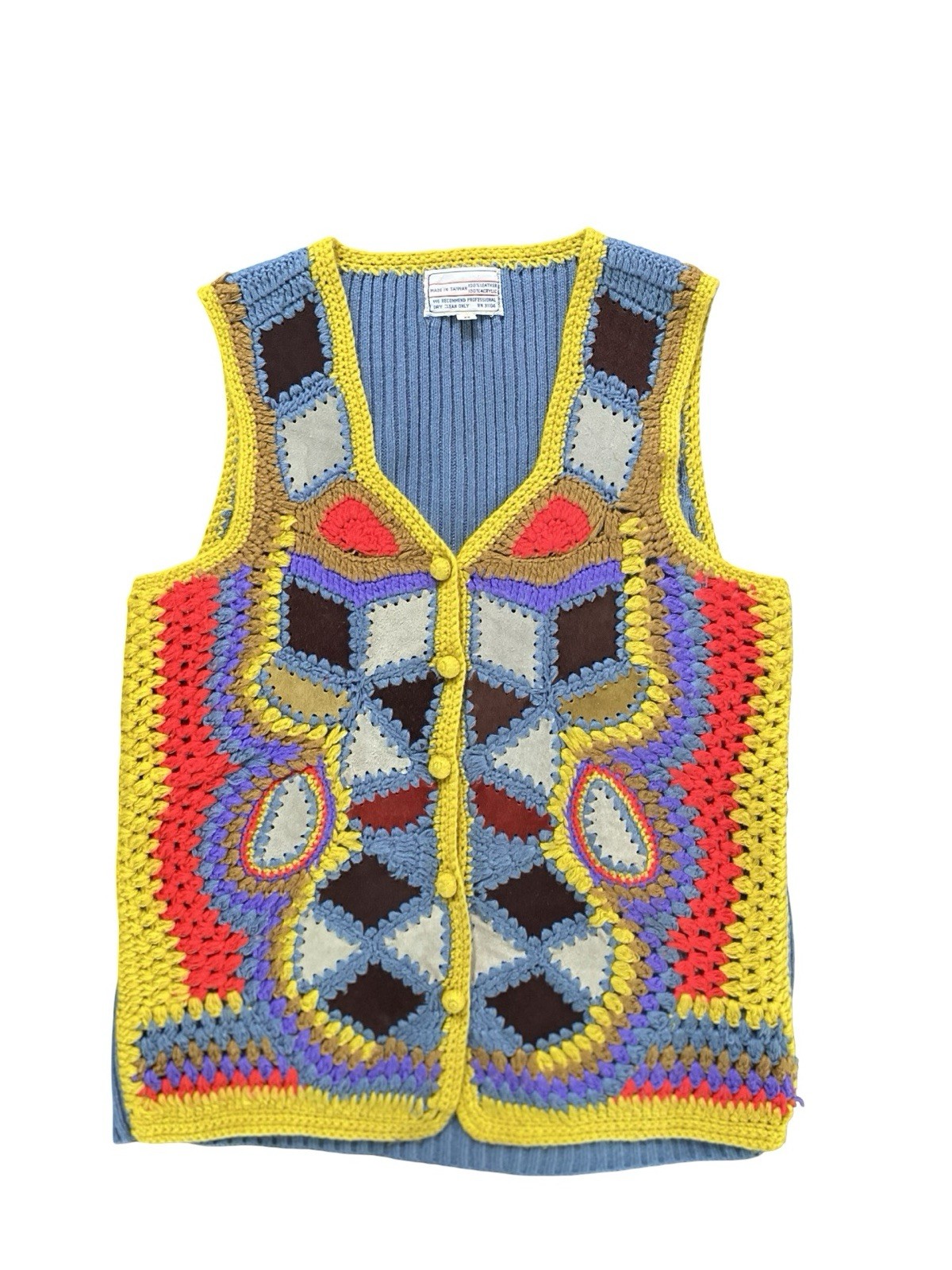 Vintage 70s Aware Acrylic Suede Multicolor Geometric Crochet Vest Size Medium