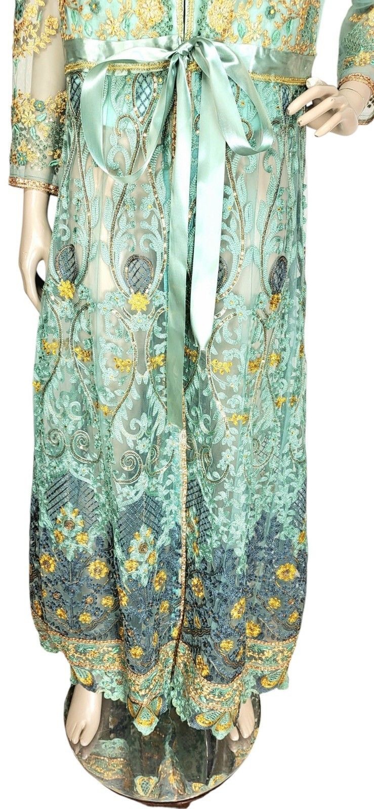 VTG Lace Tulle Metallic Gold Embroidered Bead Embellished Duster Belted Jacket