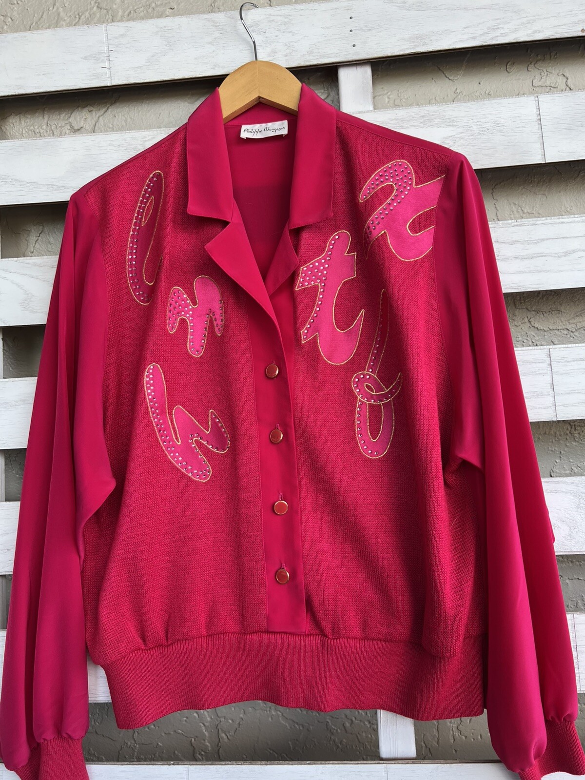 Vtg Philippe Marques Ladies 12 Hot Pink Button Shirt Rhinestones Embellished.