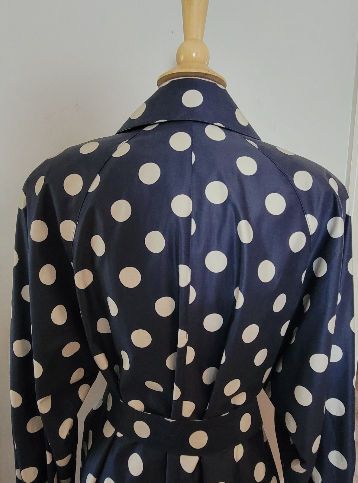 VINTAGE Count Romi Trench Coat Size 14 Navy/White Polka Dots Belted Buttons EUC