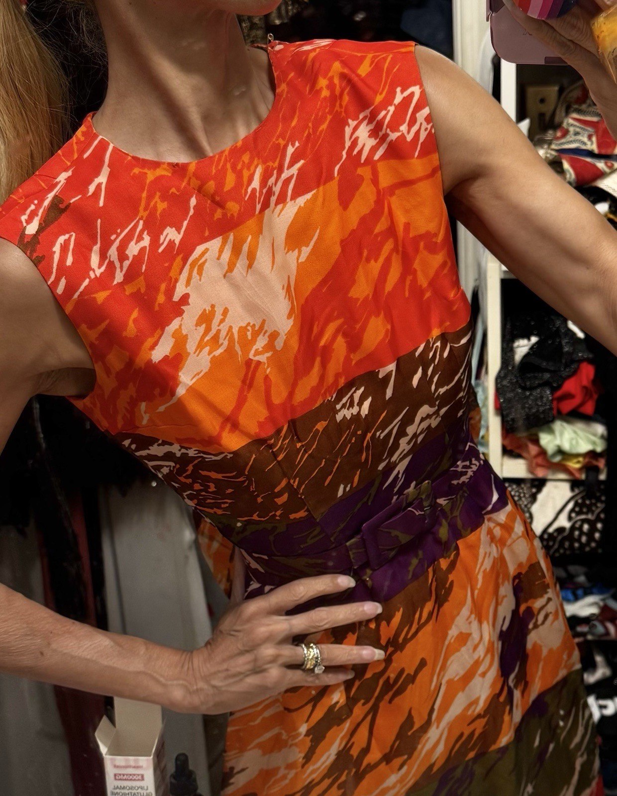Vtg Hostess Column Dress Hawaiian Cali Belt Scarf Vibrant Art Silk XXS ILGWU 60s