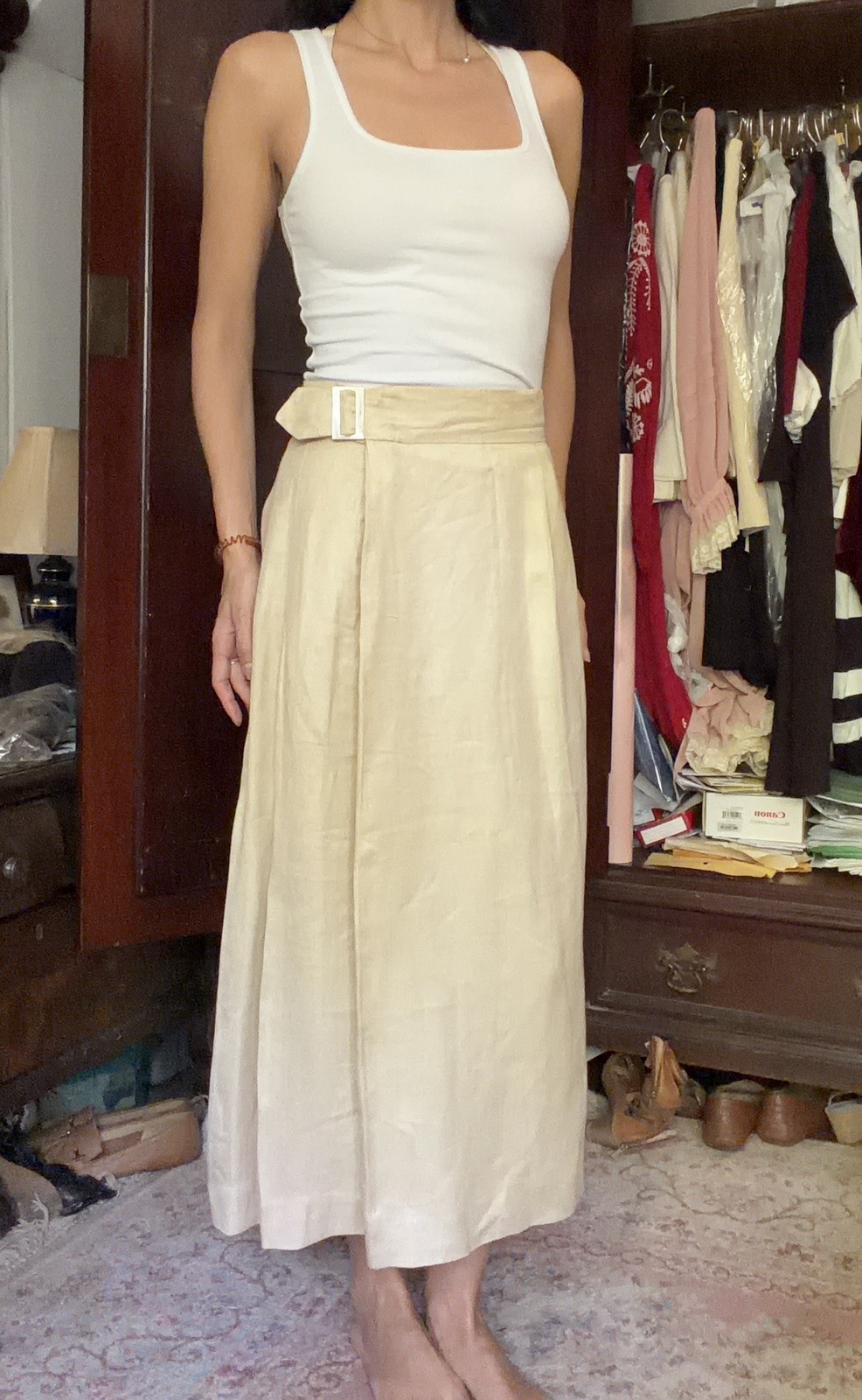 Vintage 1983 Perry Ellis Henri Bendel 100% Linen Wrap Midi Skirt Beige