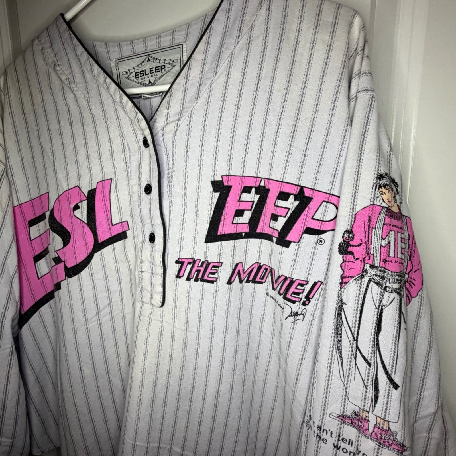 Vintage 1989 Esleep Movie Pinstripe Pajama Sleeping Top Shirt Womens Medium