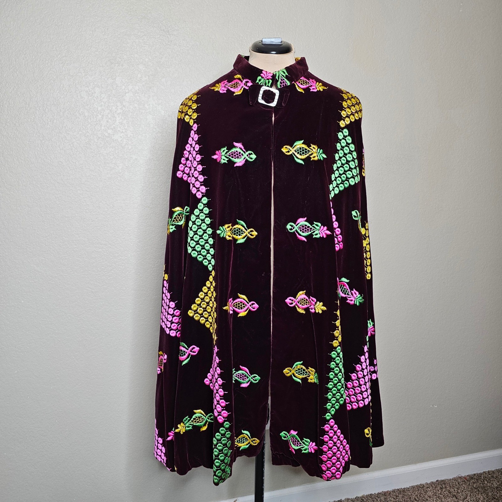 Vintage Burgundy Velvet Embroidered Cape Neon Floral Geometric Handmade Custom