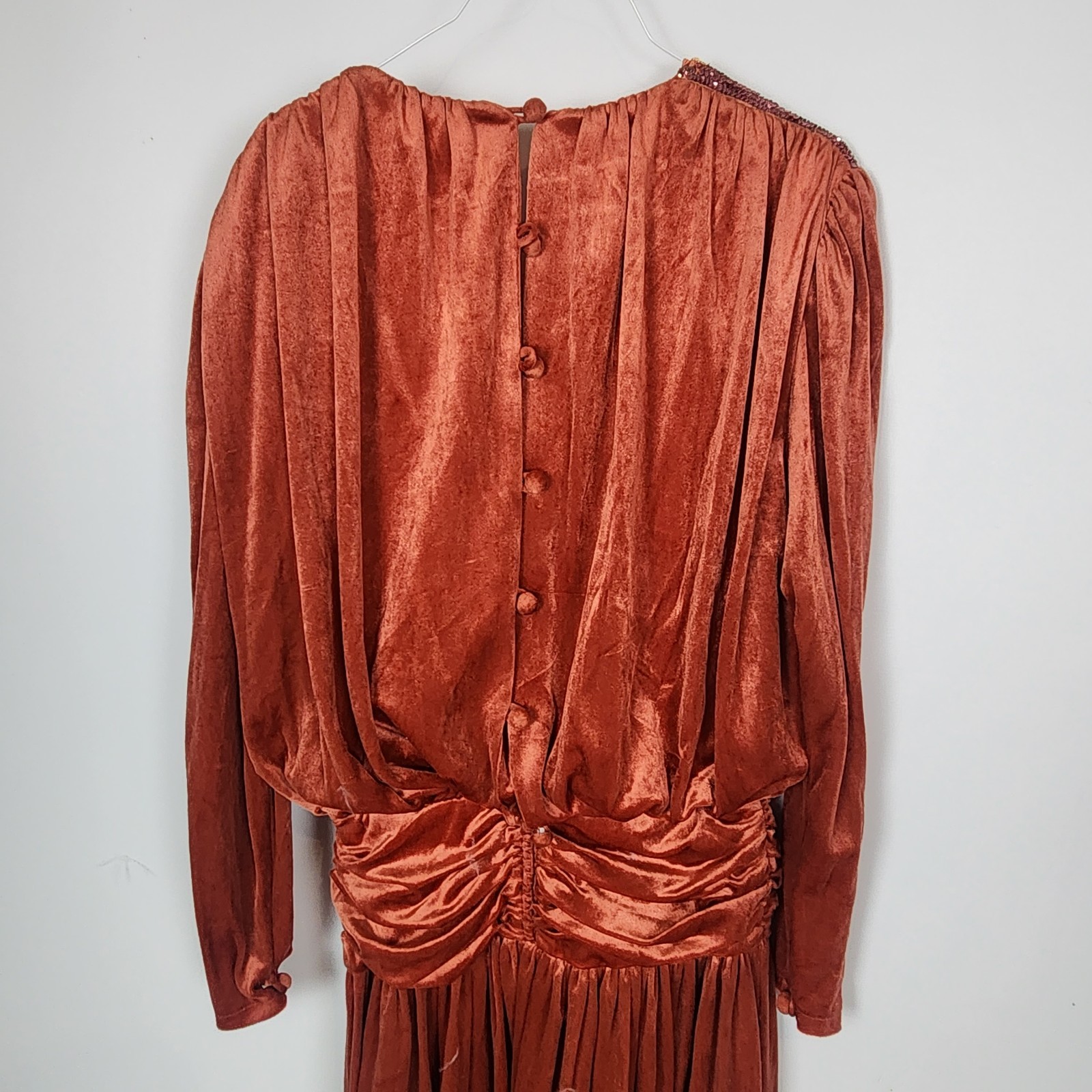 Vintage 80s Rust Velvet Dress 10 Beaded Disco Studio 54 Draped Rare John Charles