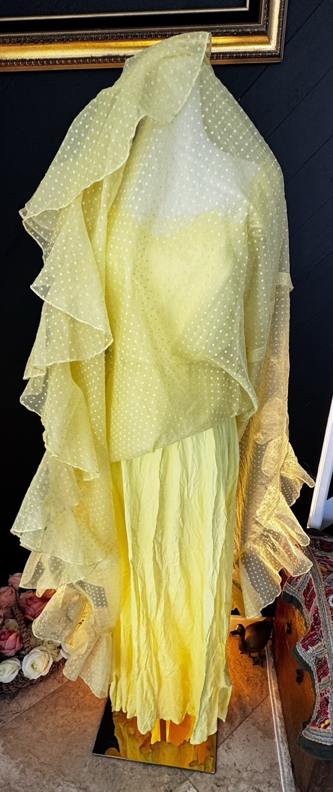 Vintage 1950s Yellow Swiss Dot Tulle Gown with Ruffle Sleeves and Lace Trim