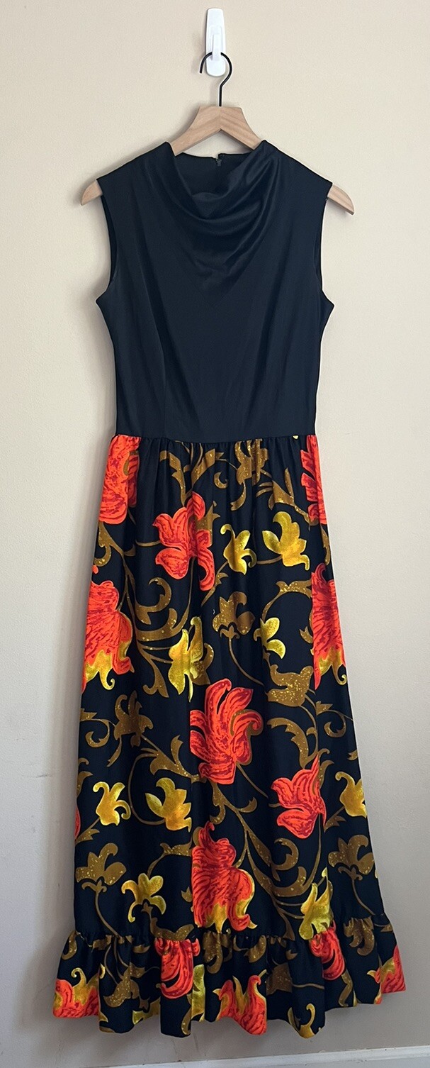 Dress Julie Miller Maxi Vintage California Long 60s 70s Floral Black Orange Mod