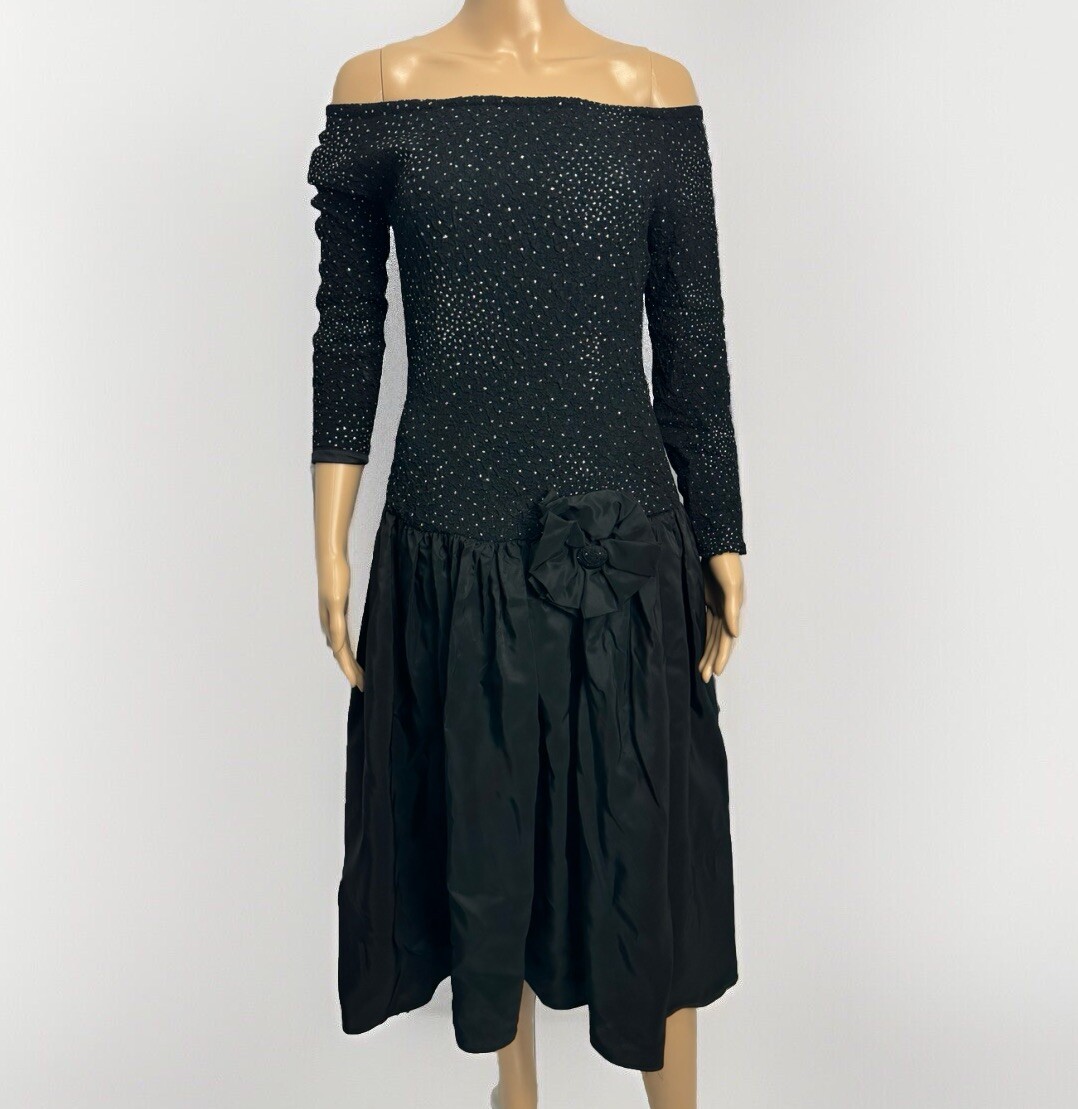 VTG 80s Ted Lapidus Paris Off Shoulder Beaded Dress Gown Sz 8 Black Formal
