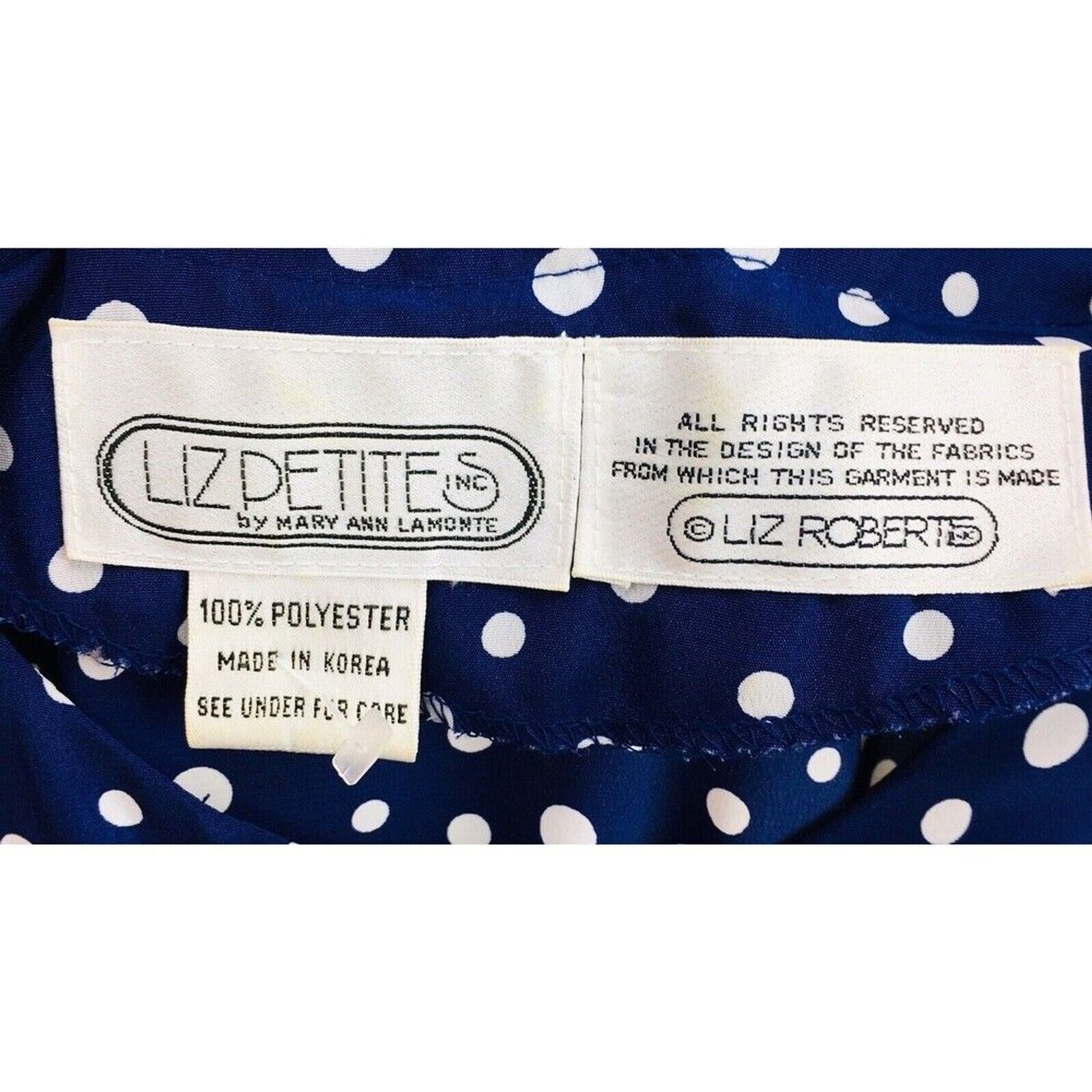 Vintage 80s Liz Roberts Navy Blue White Polka Dot Midi Button Front Shirt Dress
