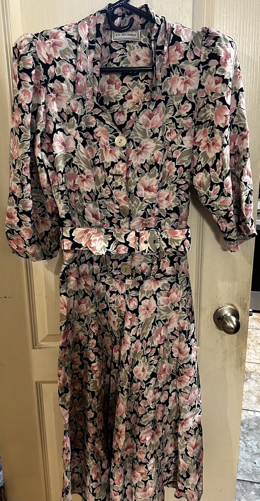 Vintage ED Michaels Secretary Dress 11/12 Belted Floral Modest Feminine