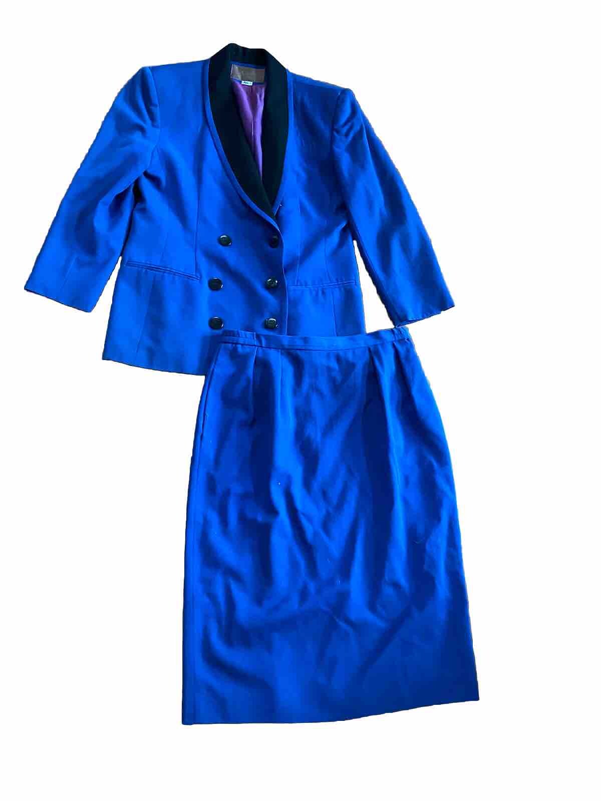 Vintage Saville Suit Womens Skirt Set Blue Wool Blend 12 Double Breasted