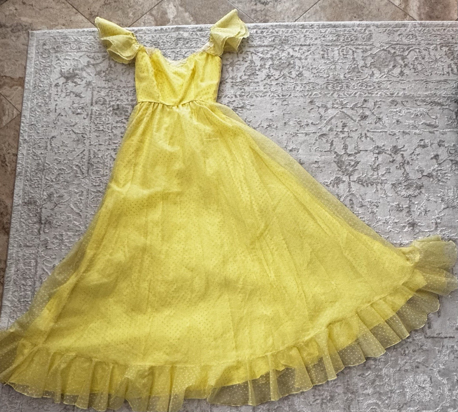 Vintage 1950s Yellow Swiss Dot Tulle Gown with Ruffle Sleeves and Lace Trim