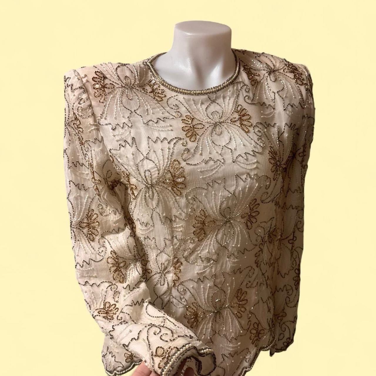 VTG Stunning Cream And Gold Beaded Blouse Size L Bridal Formal Cocktail