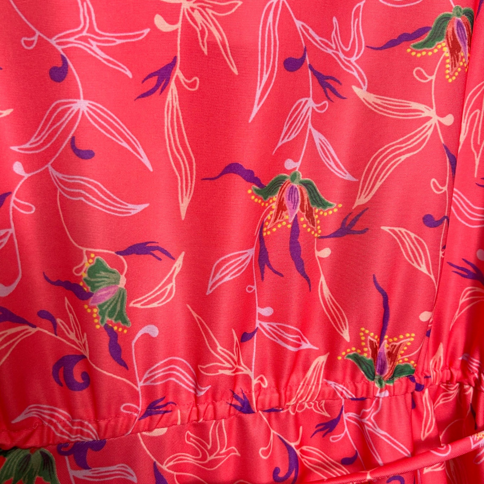 Vintage 70s Pink Floral Faux Wrap Midi Dress Long Sleeve Size 14 BOHO