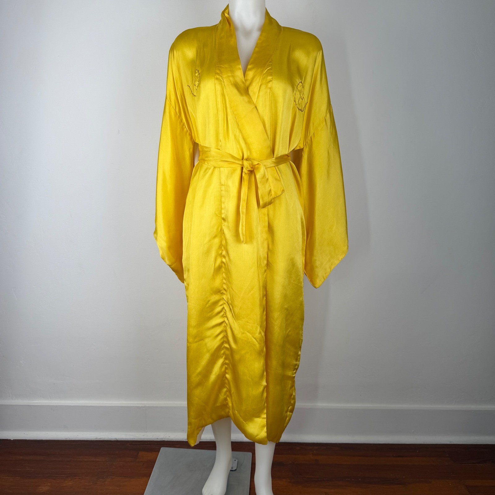 Vintage Yellow Kimono Robe Dragon Gold Metallic Embroidery Long Duster Belt