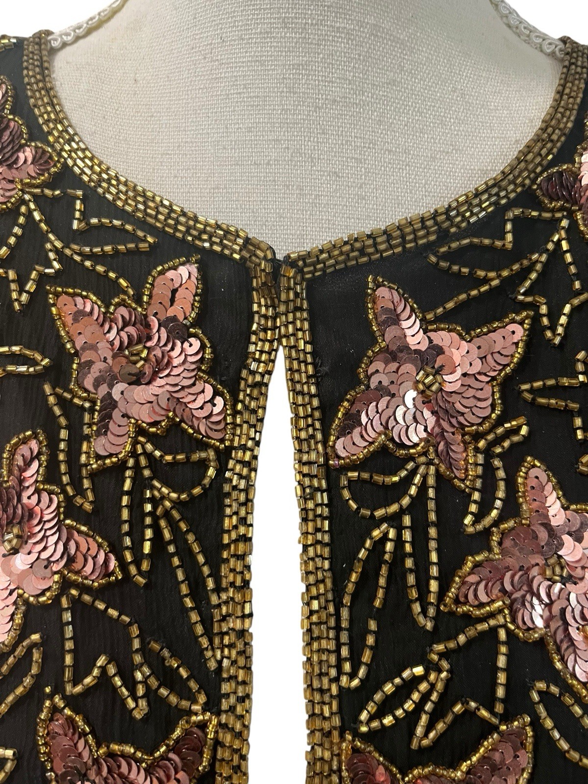 Stenay Vintage 80s Beaded Sequined Jacket Black Rose Gold 100% Silk S Party NWT