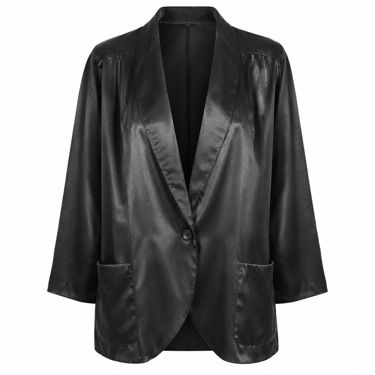 Vintage Ziba Petite Black Satin Open Front Blazer Jacket Womens 12P Canada Made
