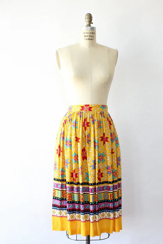 Vintage 80’s Ms. Chaus Yellow Colorful Geometric Print Midi Skirt- Size 6