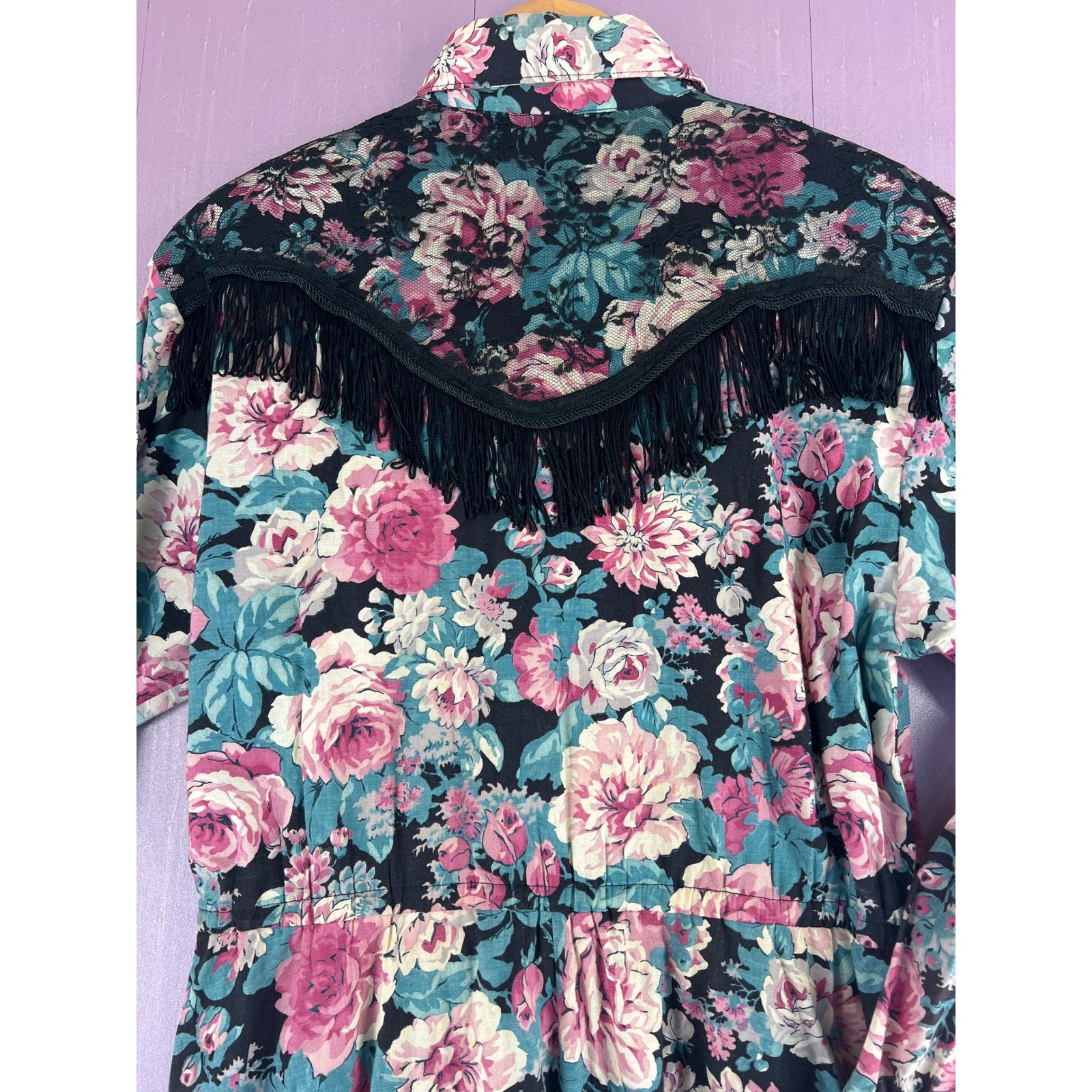 Vintage Panhandle Slim Floral Western Maxi Dress Fringe Pearl Snap Prairiecore