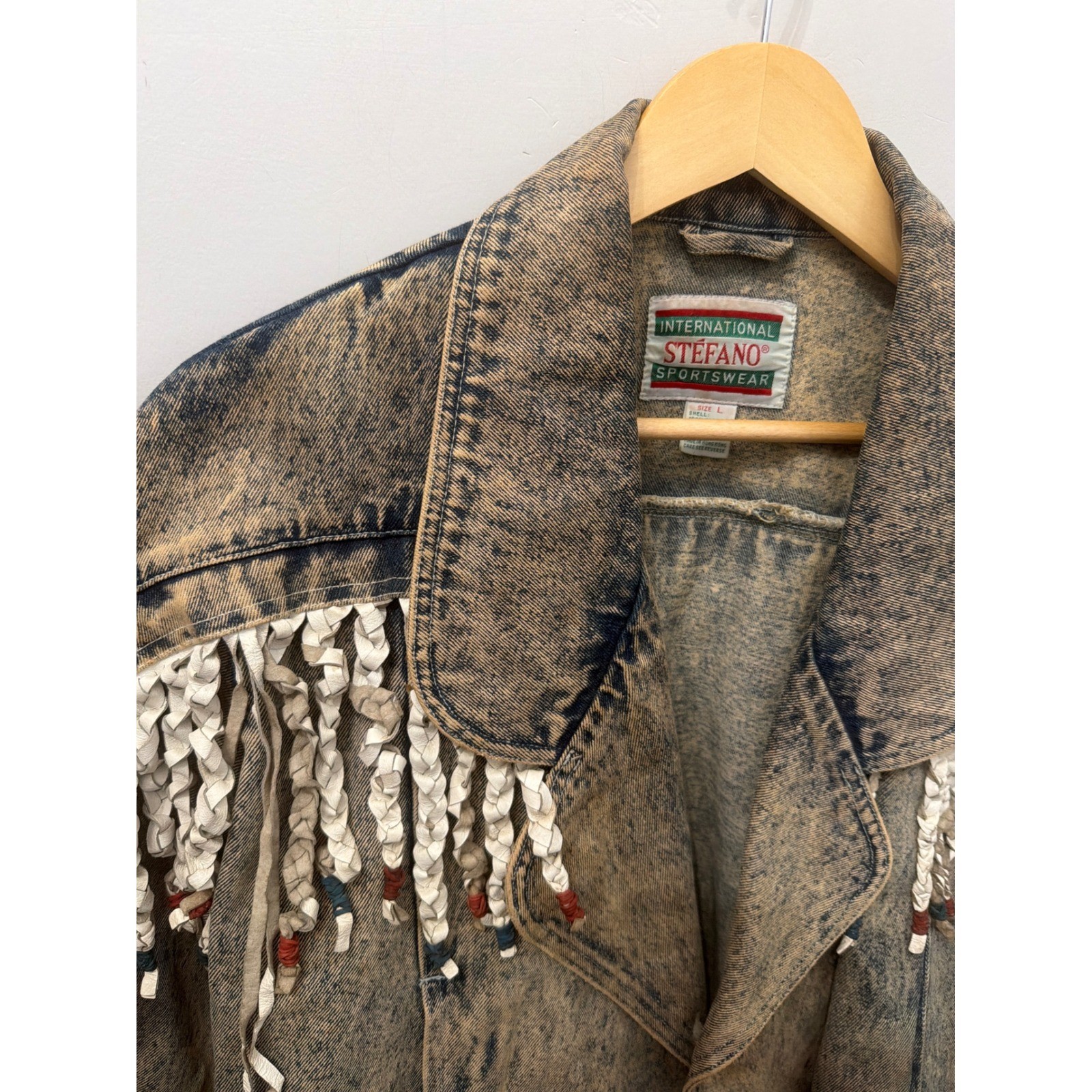 Vtg 80s Stefano International Western Acid Wash Denim Jacket Leather Fringe L