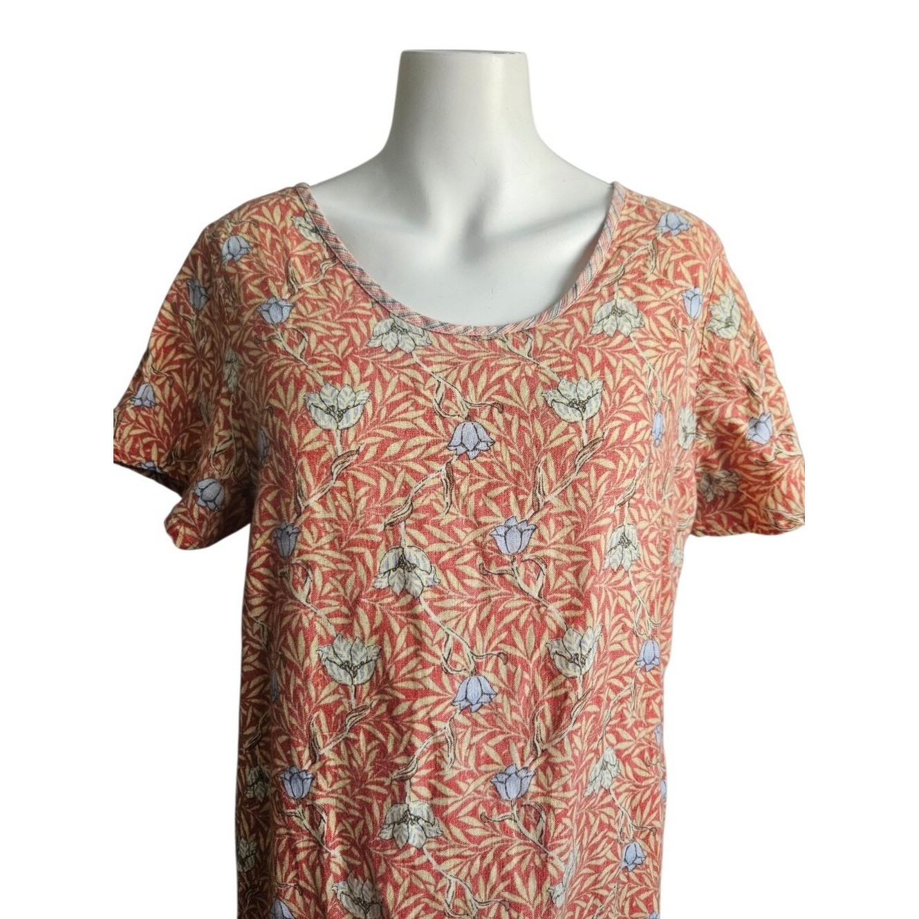 Vintage Flax Coral Pink Linen Floral Midi Dress Women’s Medium Boho Cottagecore