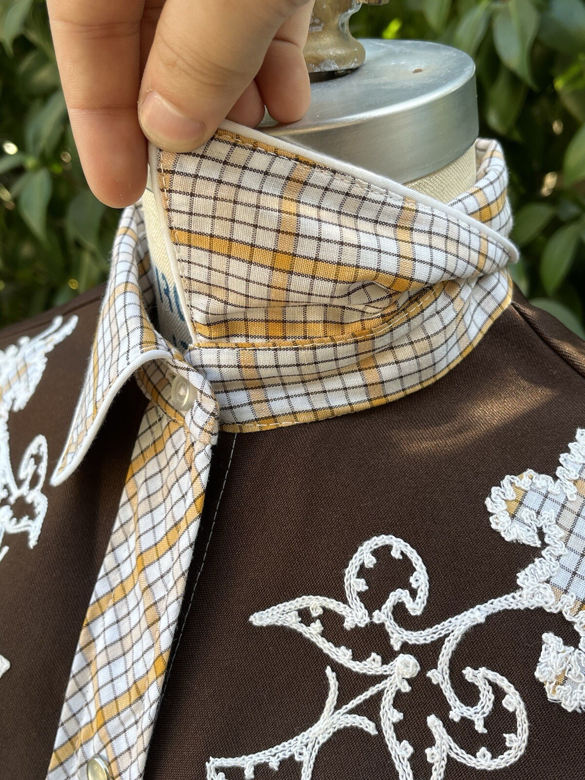 Vintage 70s H Bar C California Ranchwear Embroidered Shirt Women 36 Brown Plaid