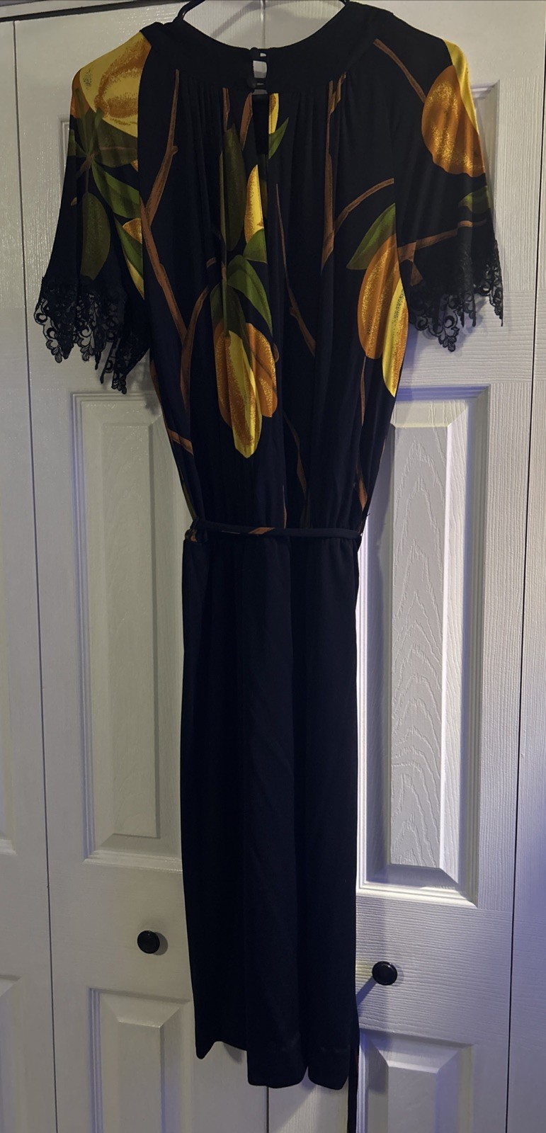 Vintage Anastasia Greco Paris France Black Floral Dress Size 40 Lace Trim Sleeve