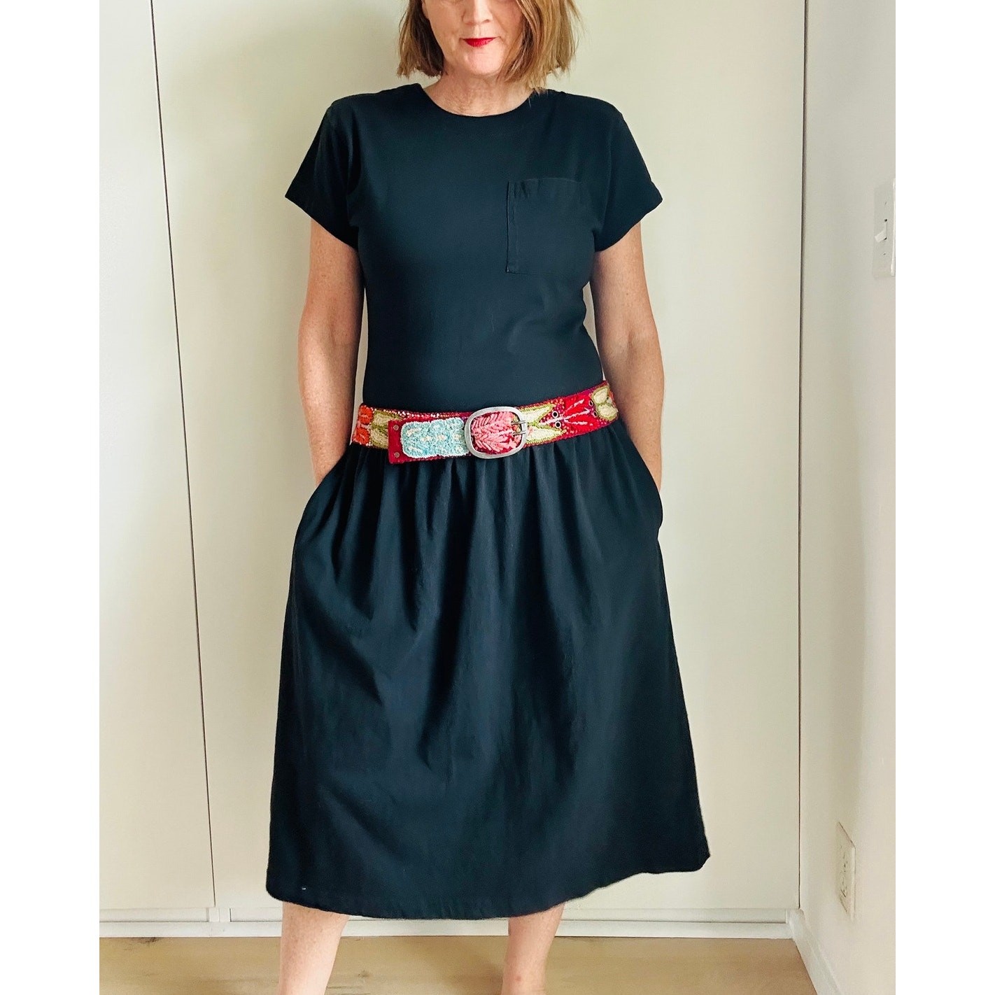 Vtg 90s Liz Wear Black T shirt dress Drop Waist Pockets Midi Fit Cotton S/M