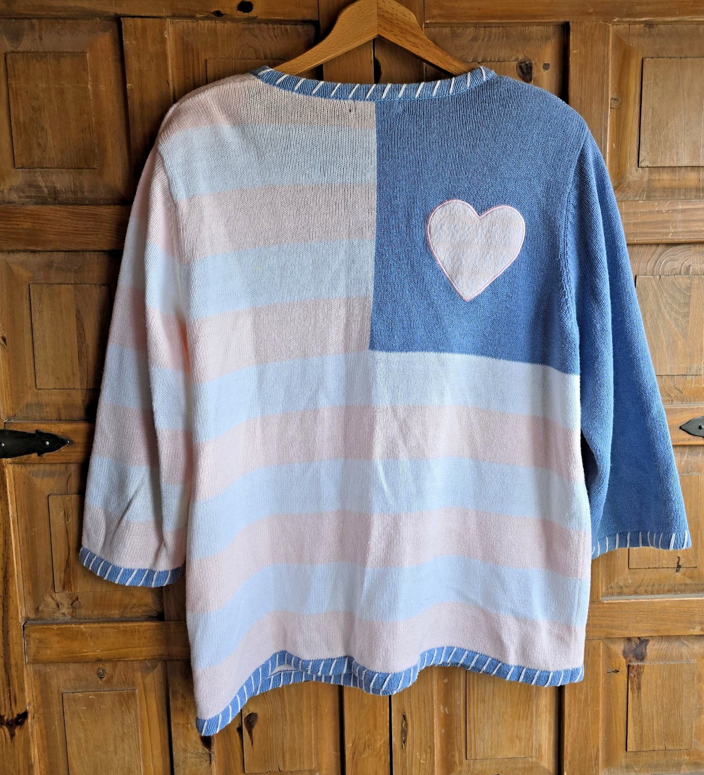 VTG CJ Banks Cardigan Sweater Sz 1X Hand Embroidered Hearts Pink Blue Cottage