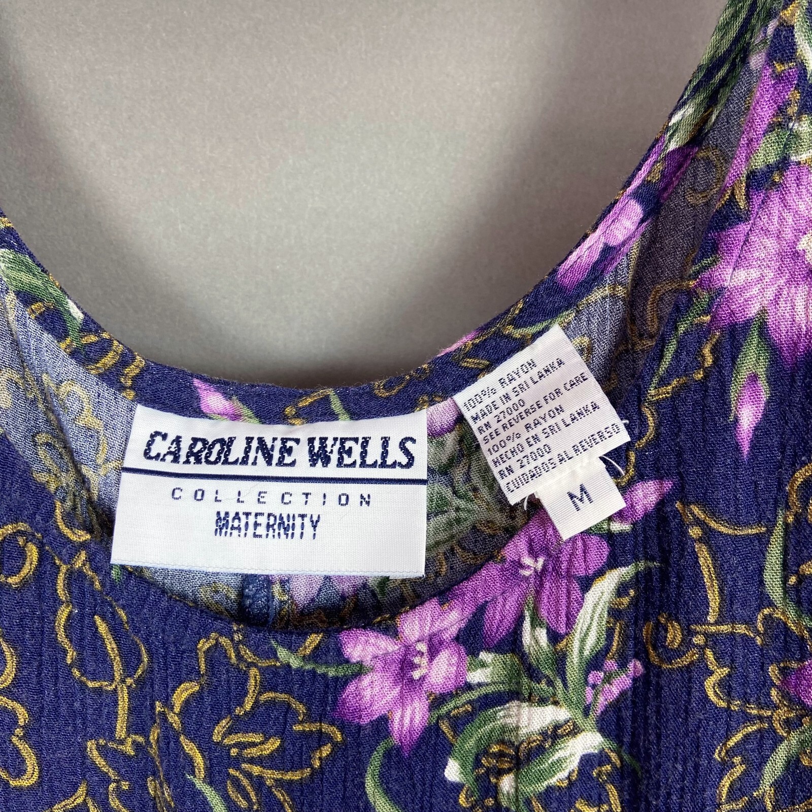 Vintage Caroline Wells Maternity Purple Floral Boho Sleeveless Dress Medium