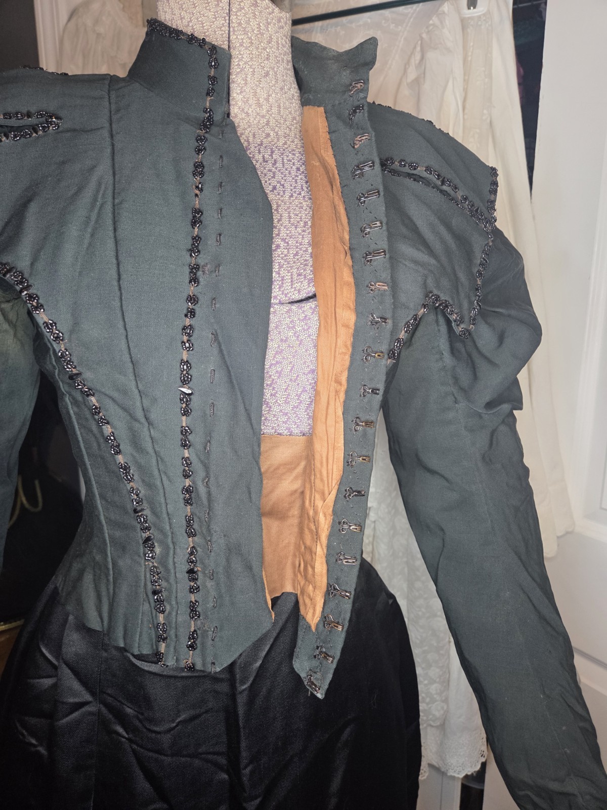 Deep Hunter Green Victorian Cotton Blend Bodice w/ Jet Black Bead Trim
