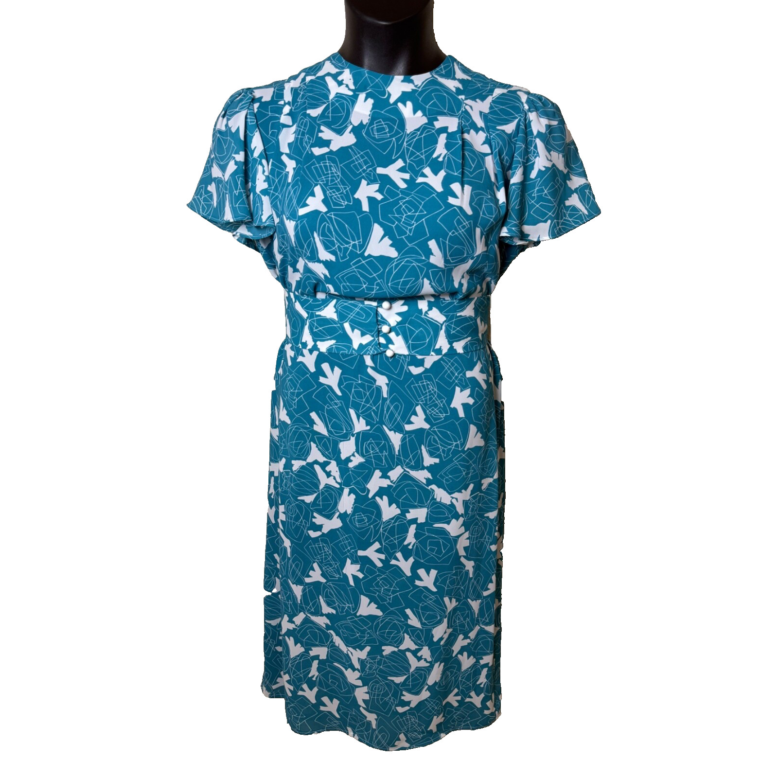 Teal Blue White 80’s Dress Wide Belt Sz 10 12 Geometric New Wave Flutter Sleeve