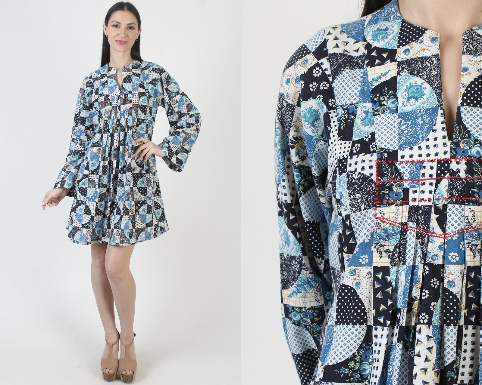 Vintage 70s Patchwork Dress Americana Quilt Square Prairie Bohemian Mini Pockets