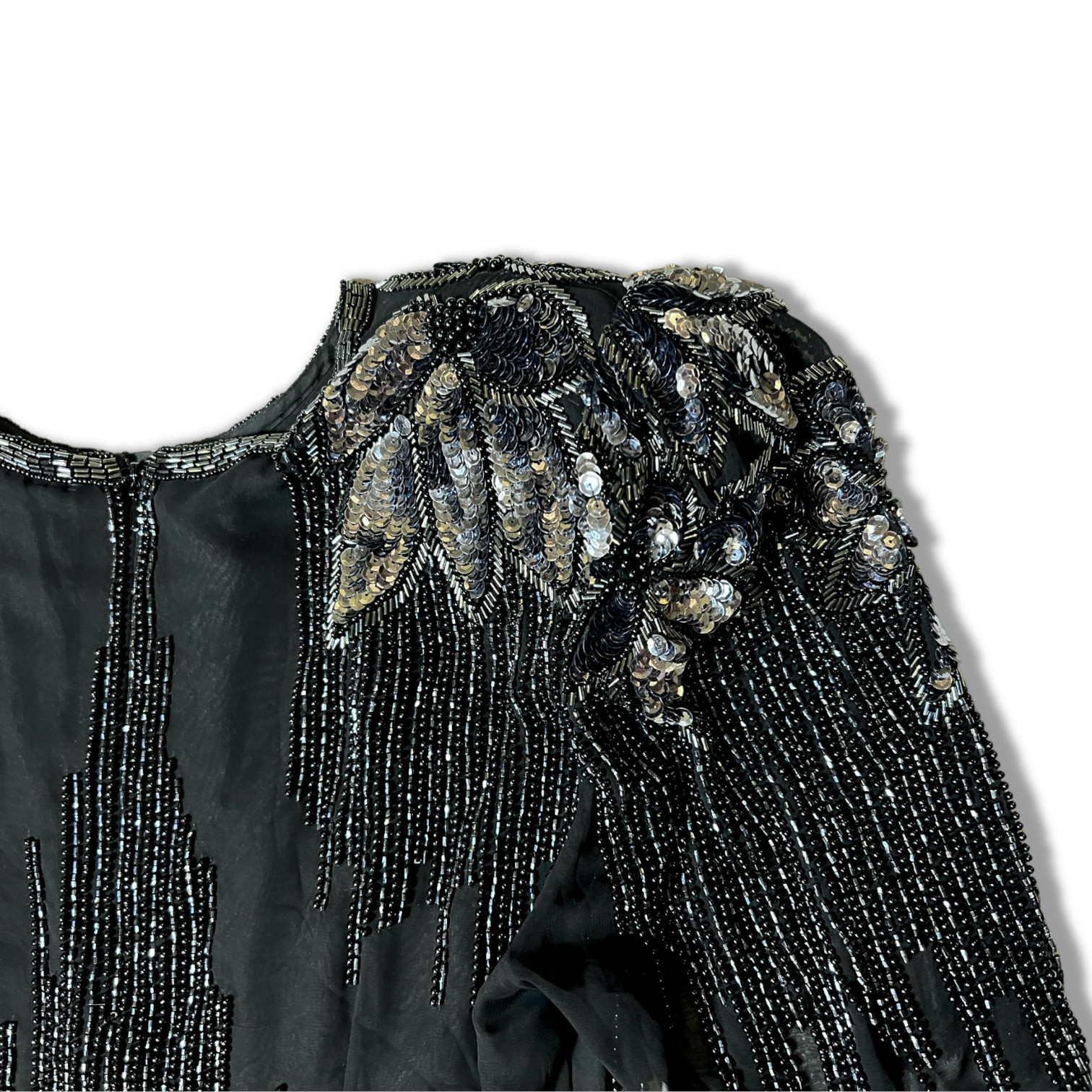 Sequined Beaded Vintage 90s Drop Waist Black Silver Floral Dress Gatsby 20s Para