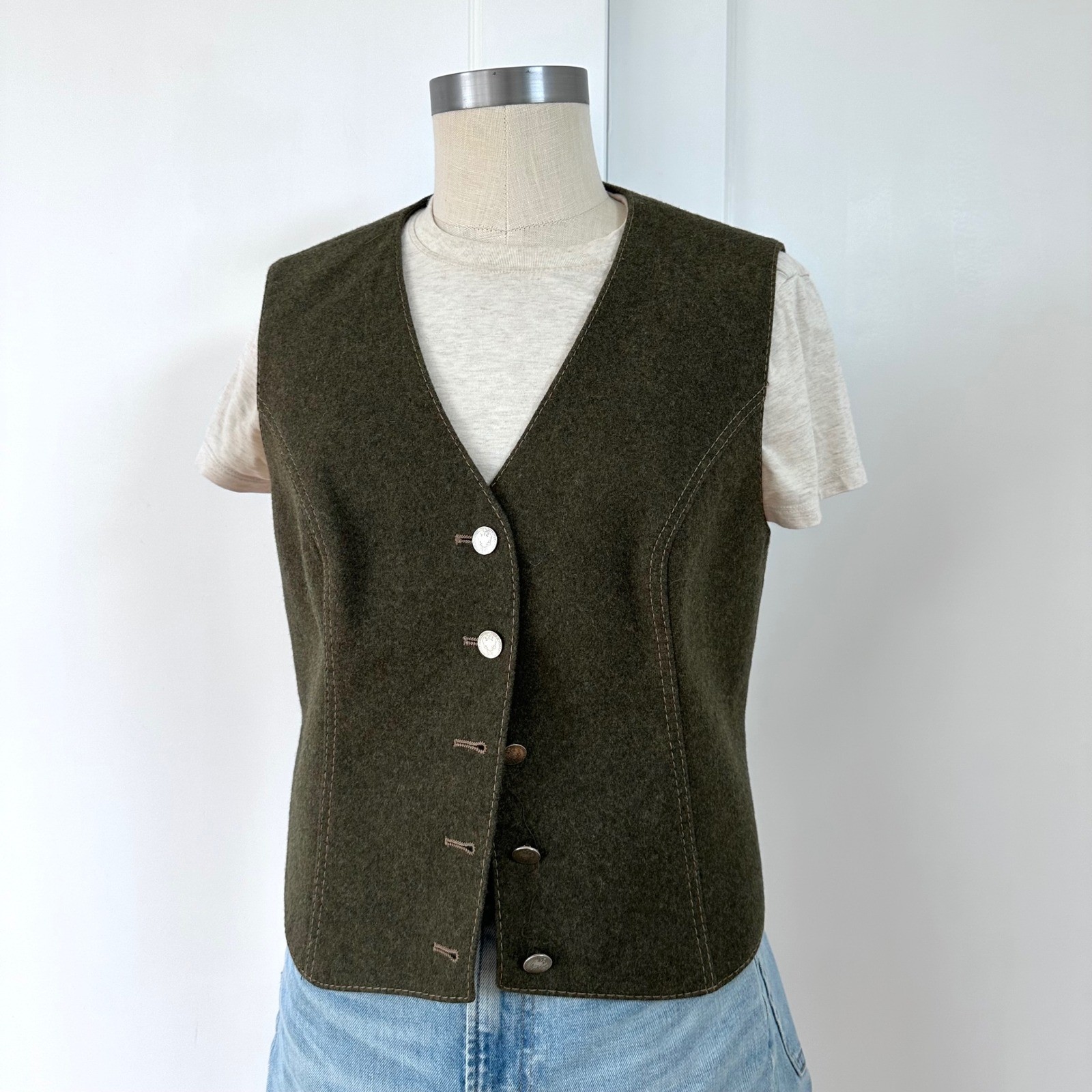 Vintage Green Loden Wool Vest Austrian Trachten Waistcoat Alpine Heritage Gilet