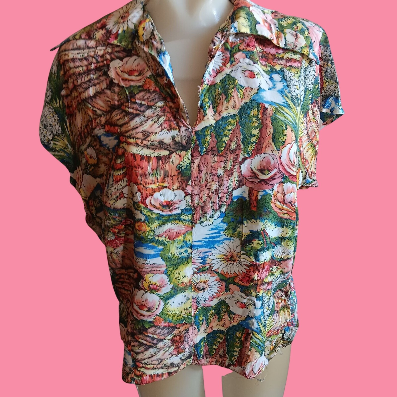 True Vintage Shirt Large 1OF1 Rayon Handmade Womens Floral Short Sleeve Side Zip