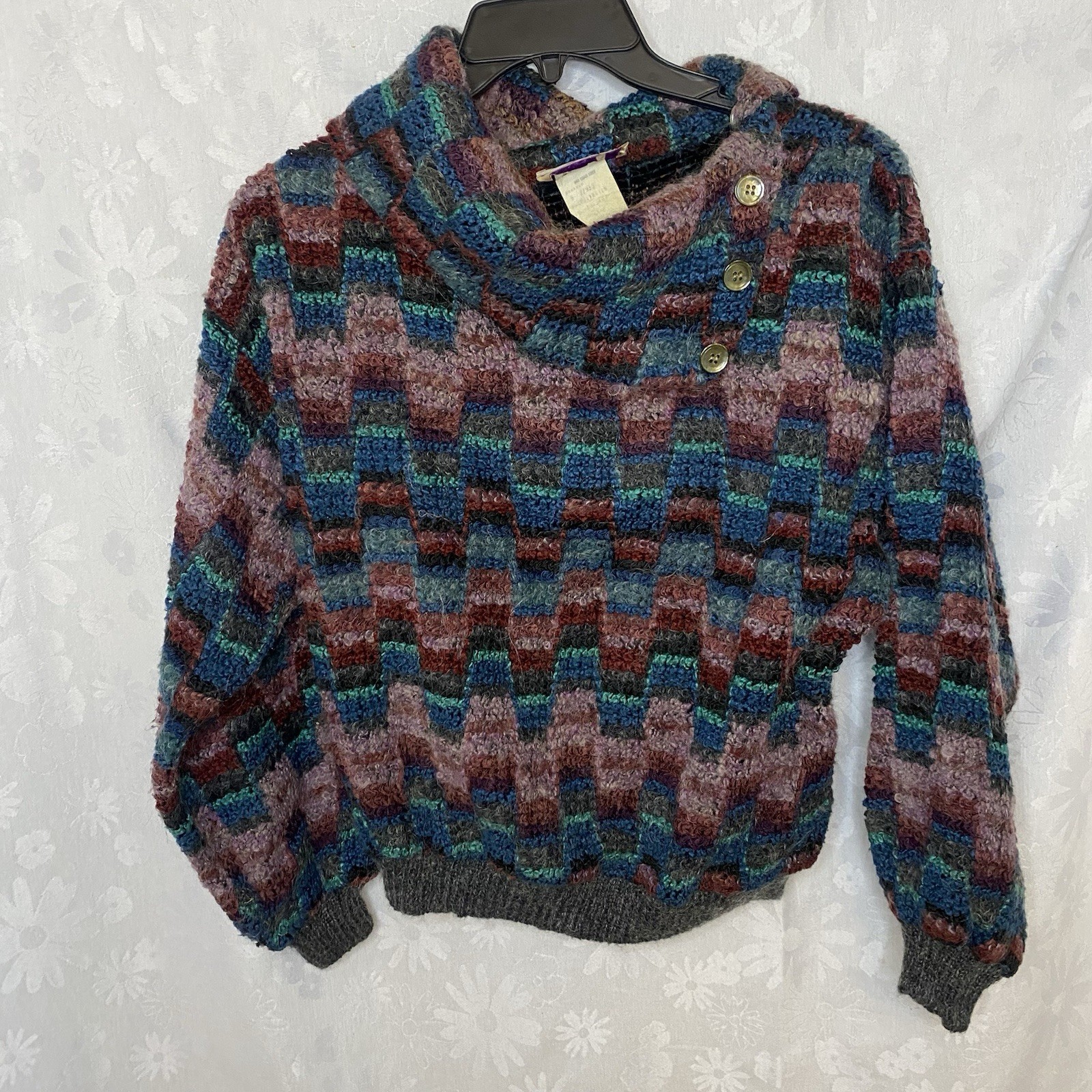 Vintage Retro David N Polyester And Boucle Knit Sweater Cowl Neck Sz L Cotton