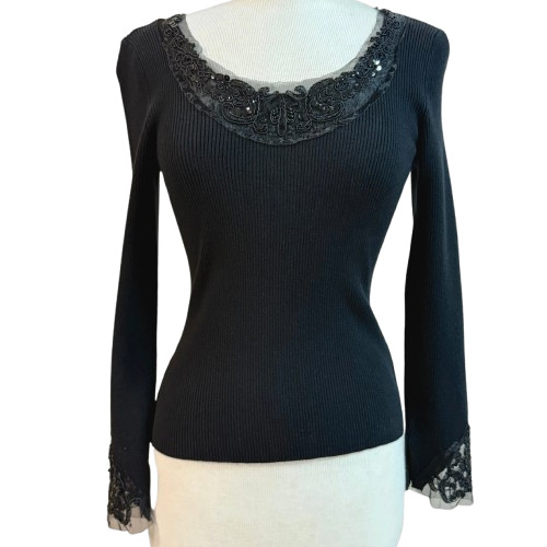 Vintage Black Ribbed Knit Sweater Sequin & Lace Trim Size Small