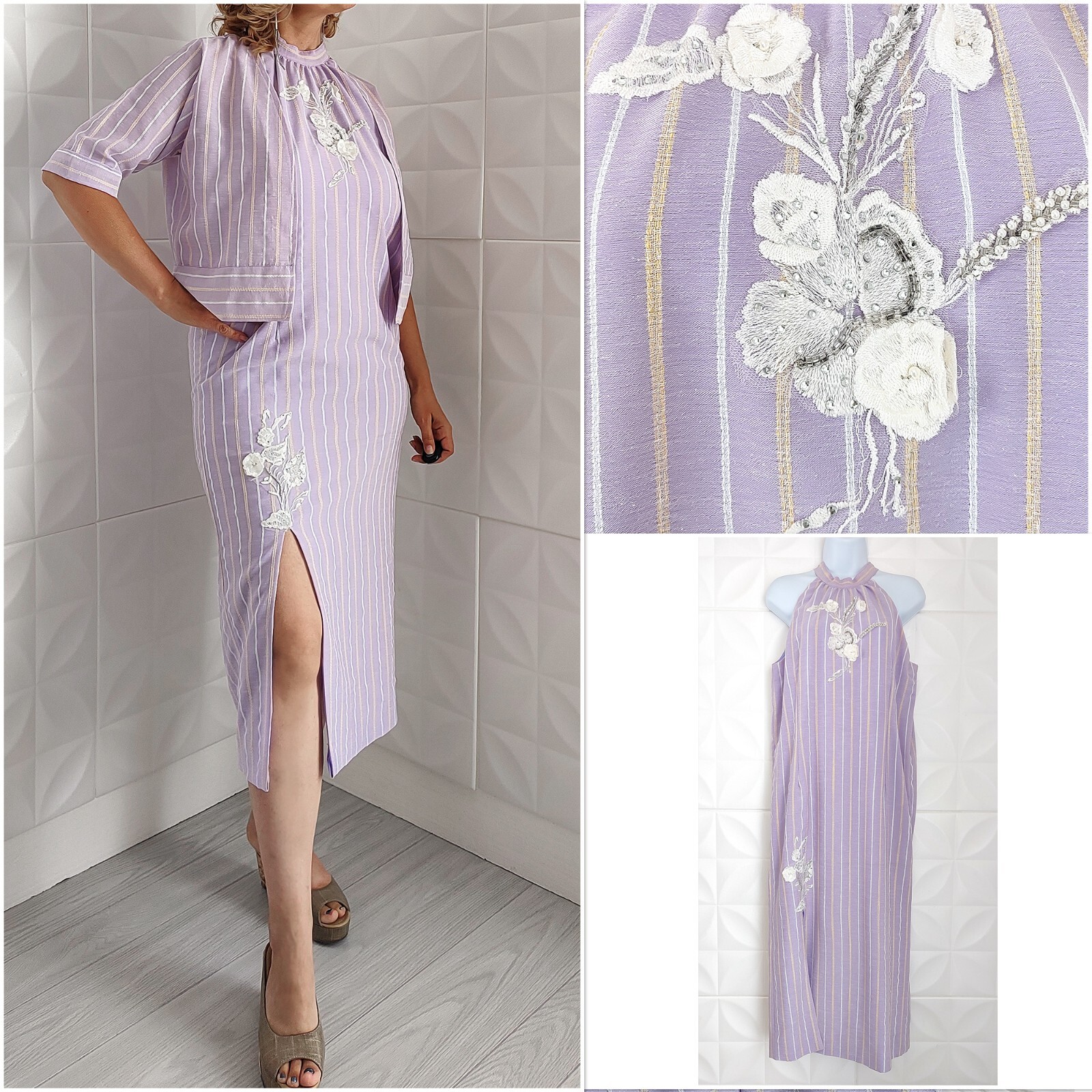 Vintage 60s Lavender Column Dress and Jacket Set Beaded Floral Stripe Handmade M