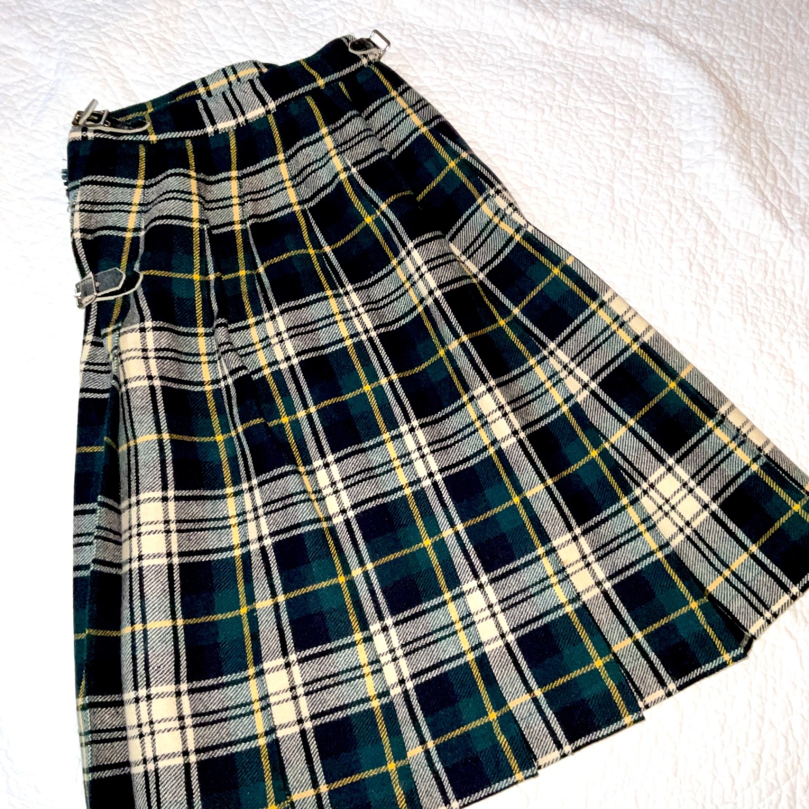 Vintage 60s Womens Kilt skirt size XS 2 4 plaid pleated wool buckles Britain