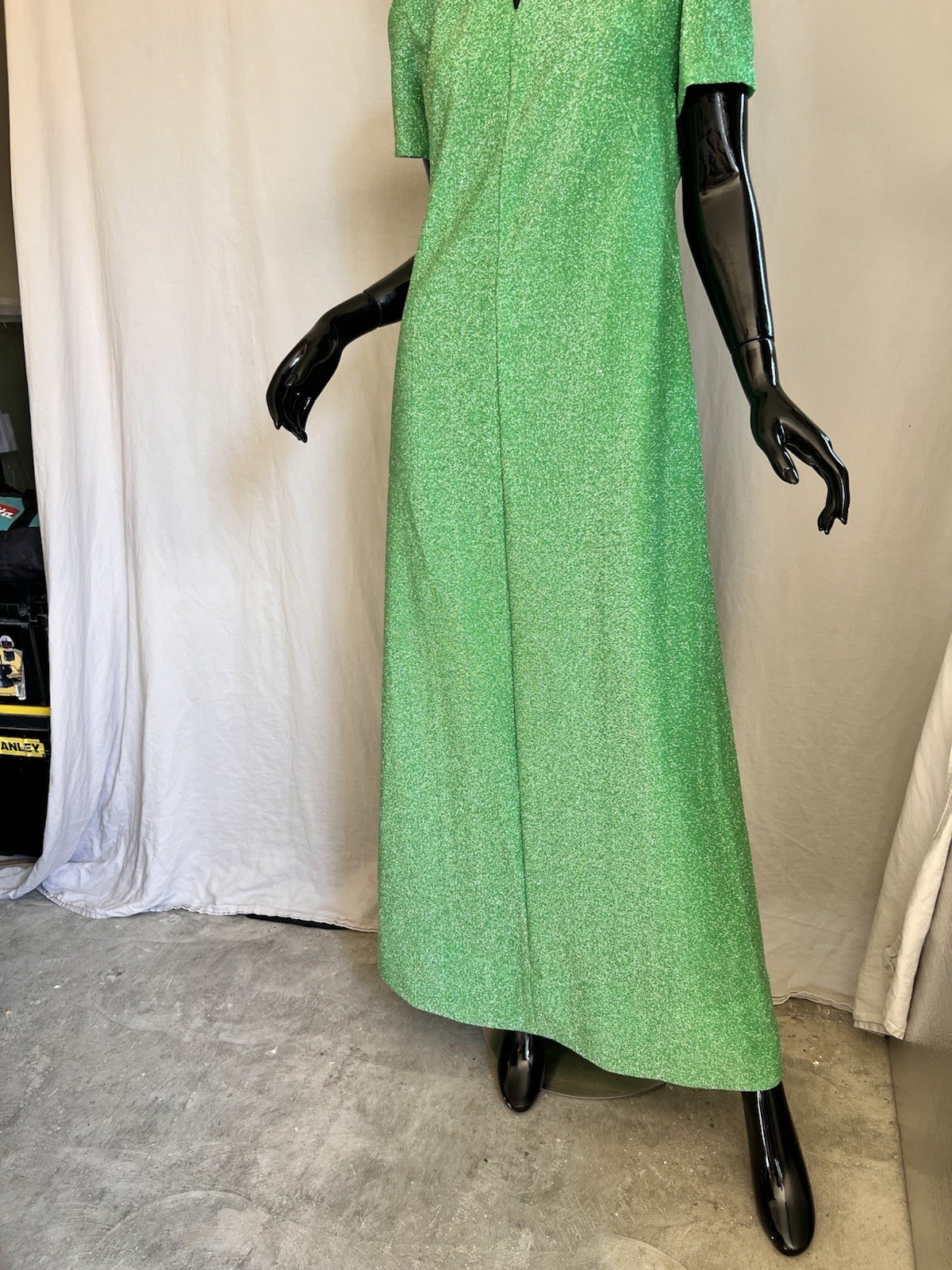 Vtg 1970s Hostess Dress Metallic Silver & Bright Green Maxi Cut Out Detail M/L
