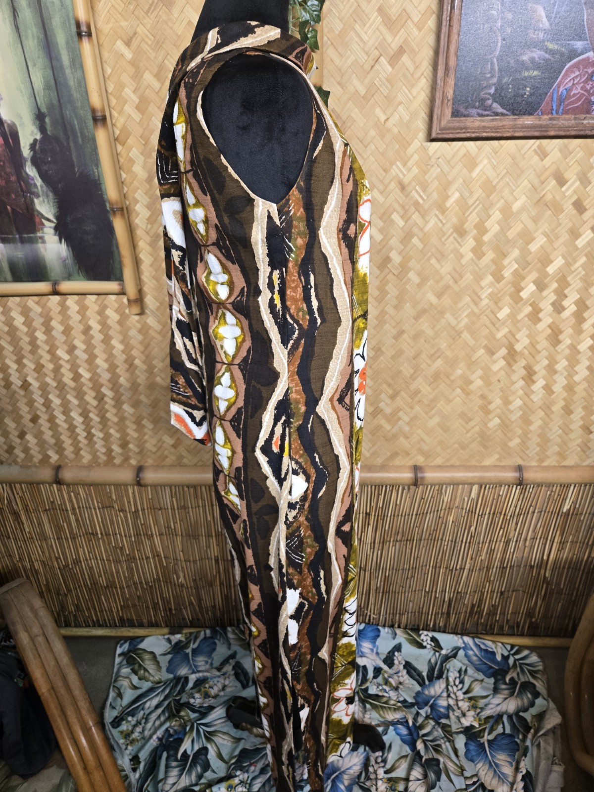 Vintage Kiyomi Of Hawaii Brand Hawaiian Barkcloth Aloha Maxi Dress w1112