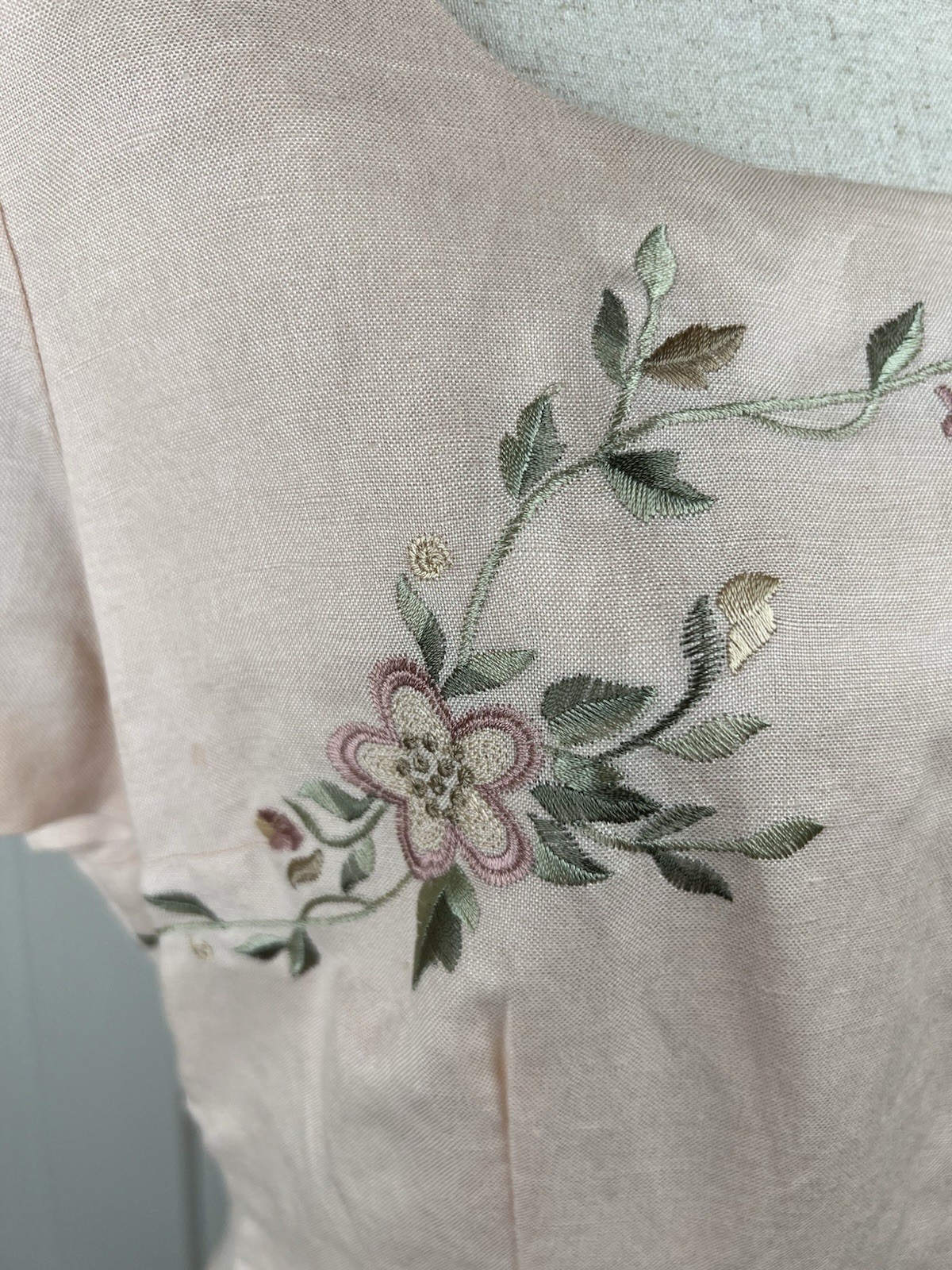 Vintage Donna Morgan Dress 10 Pink Linen Blend Embroidered Floral Midi Cottage