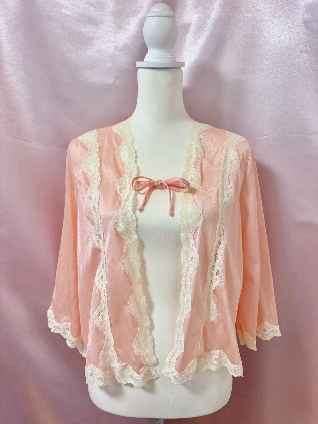 Vintage 1970s-80s Pink Nylon Lace Robe ILGWU Canada Union Lingerie